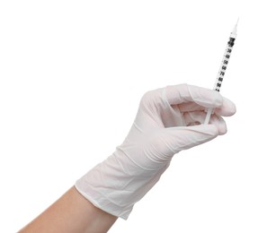 Photo of Doctor holding medical syringe on white background, closeup