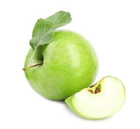 Photo of Fresh ripe green apples with leaf on white background