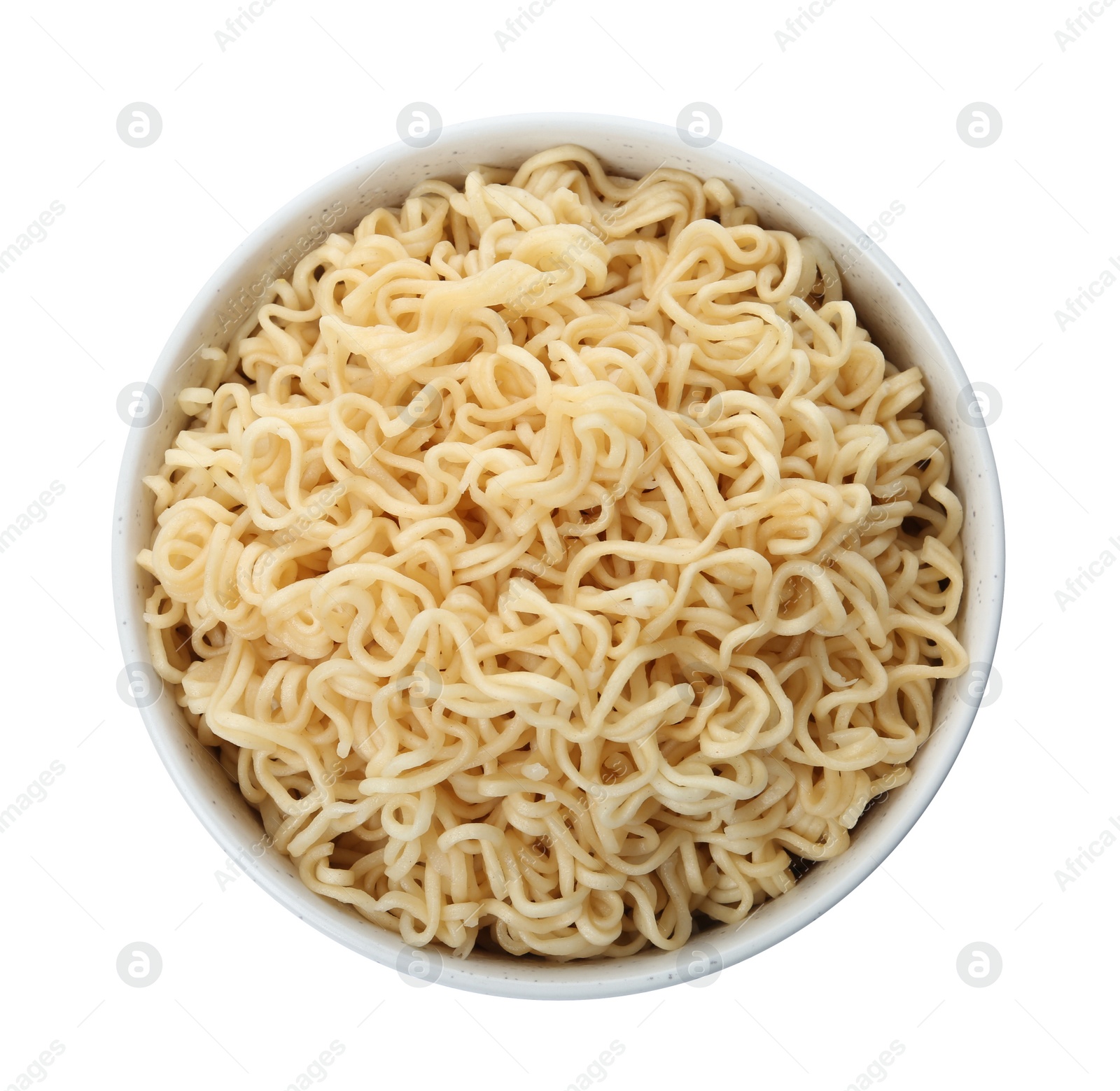 Photo of Tasty instant noodles in bowl isolated on white, top view