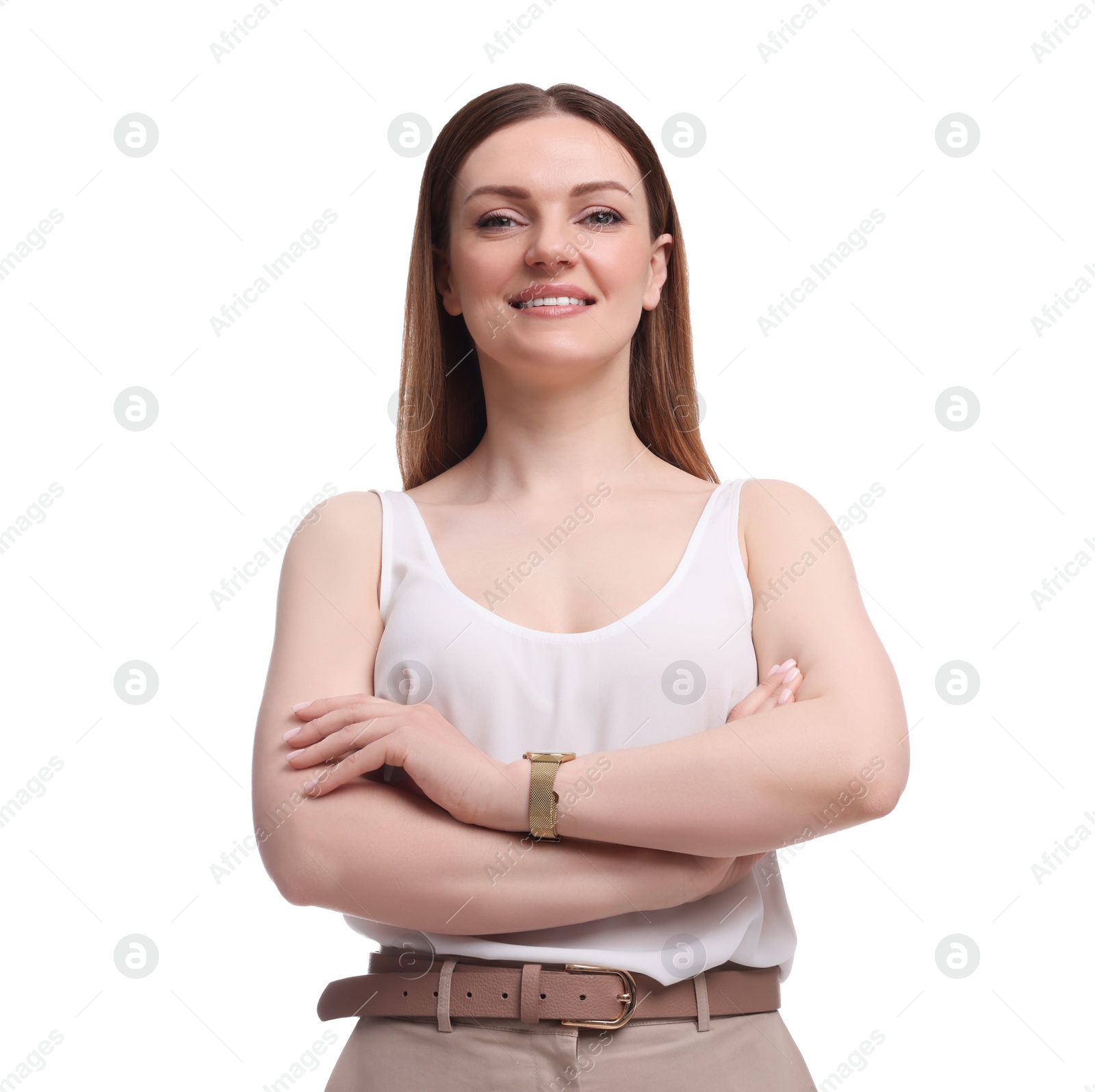 Photo of Beautiful happy businesswoman crossing arms on white background