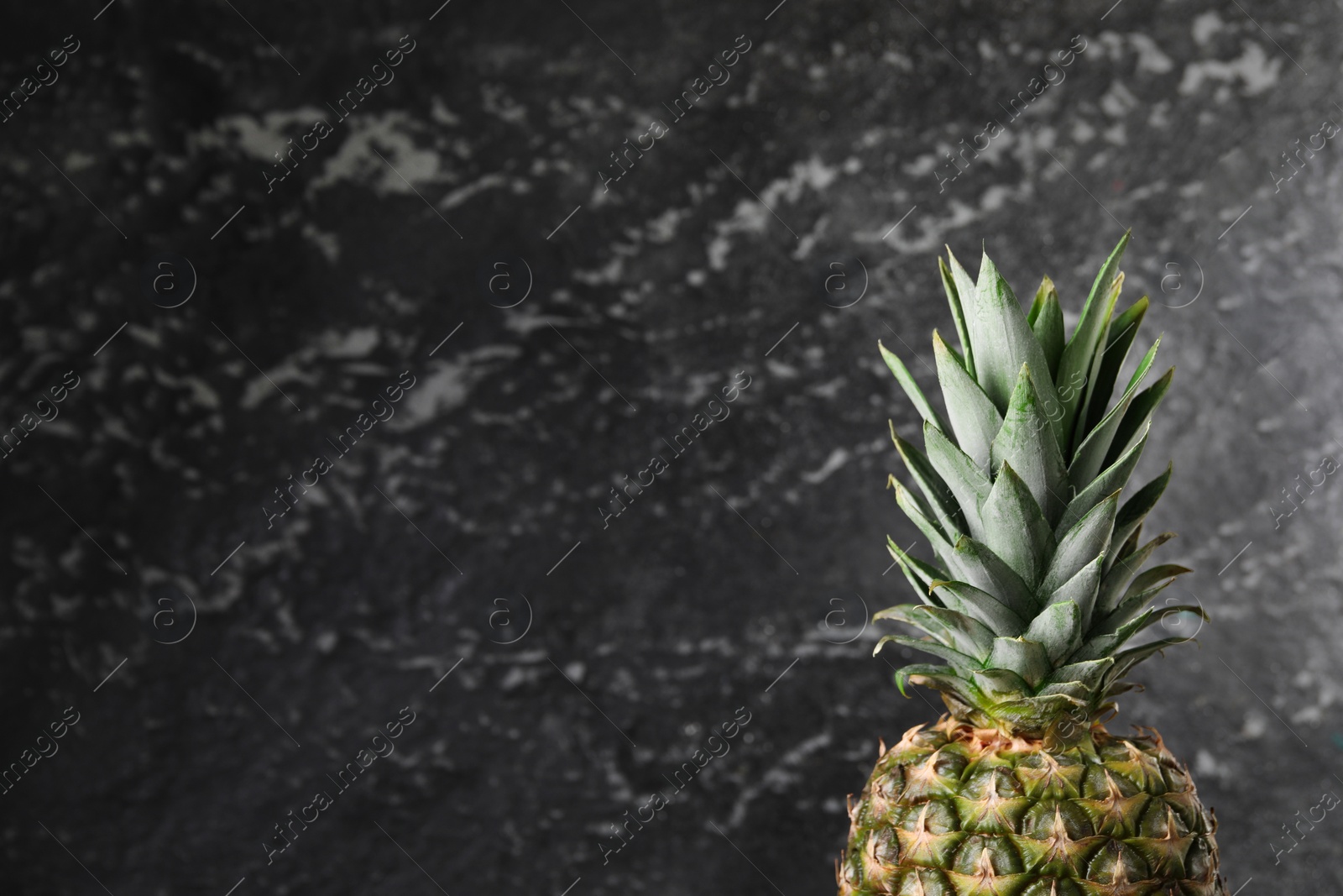 Photo of Whole ripe pineapple near black wall, closeup. Space for text
