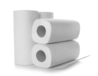 Photo of Rolls of paper towels on white background