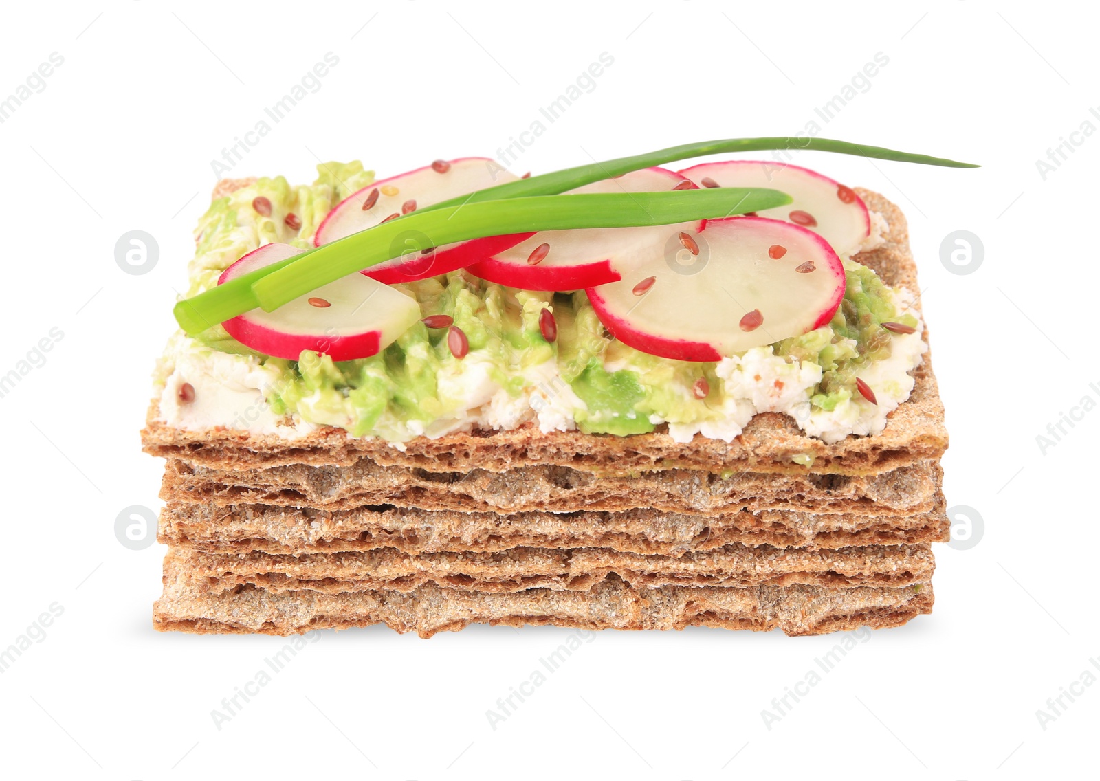 Photo of Fresh crunchy crispbreads with cream cheese, radish and green onion on white background