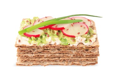 Photo of Fresh crunchy crispbreads with cream cheese, radish and green onion on white background