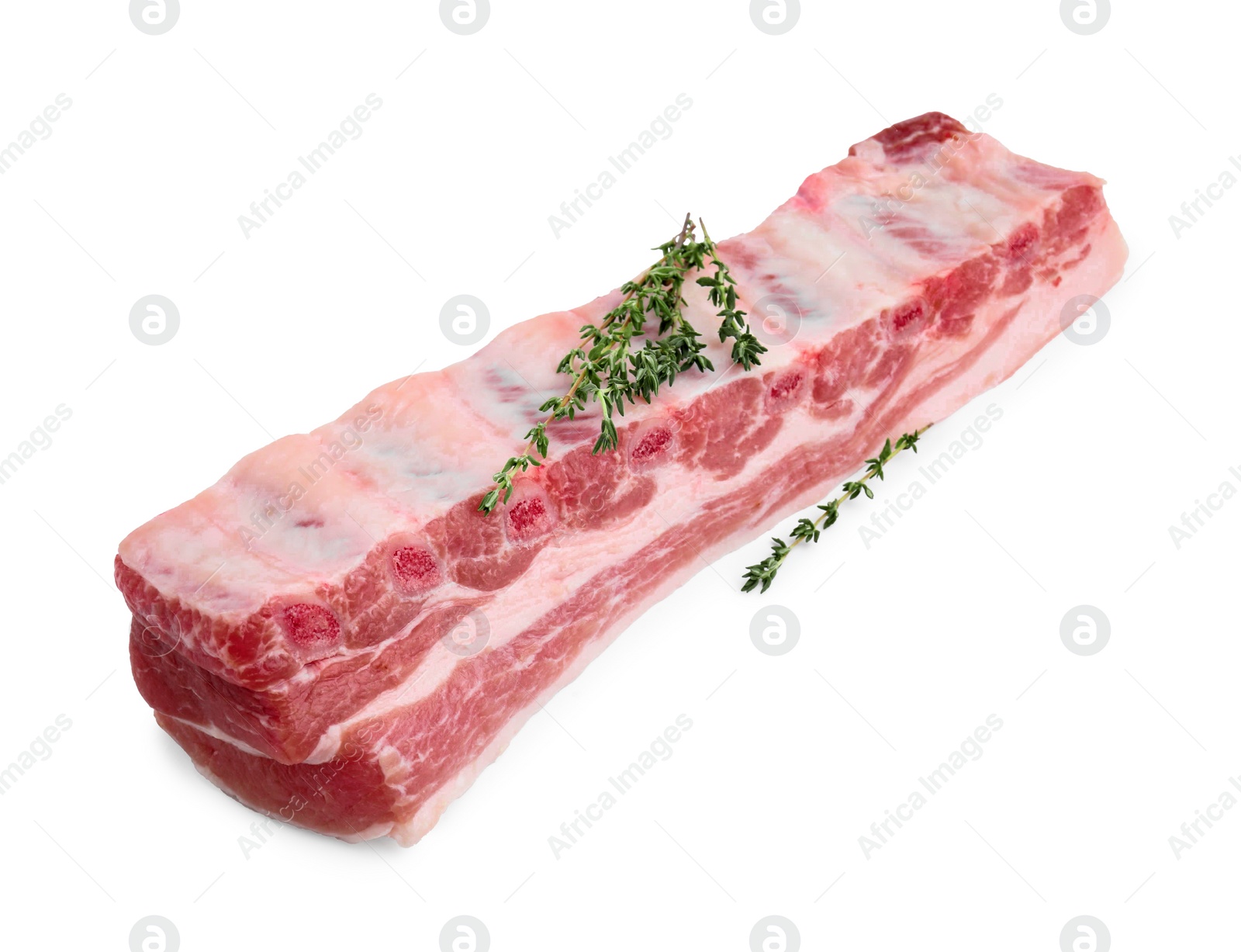 Photo of Raw pork ribs with thyme isolated on white