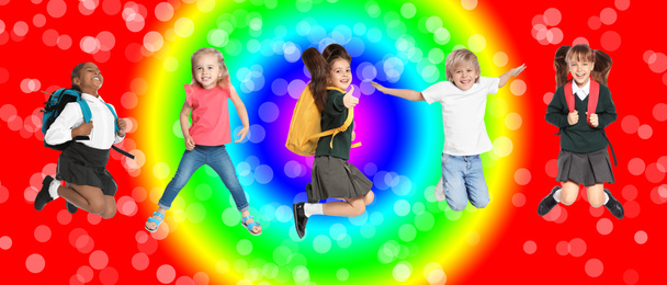 Collage with photos of jumping kids on colorful background, banner design. School holidays