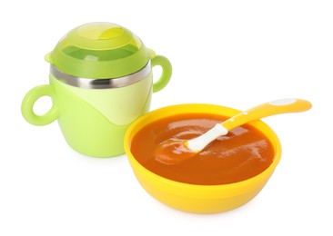 Photo of Healthy baby food in bowl and drink on white background