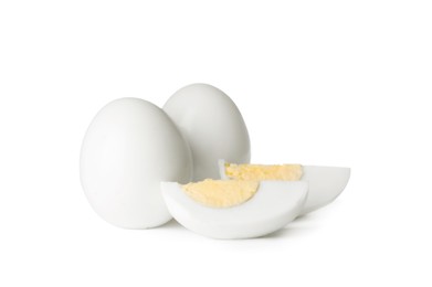 Fresh peeled hard boiled eggs on white background