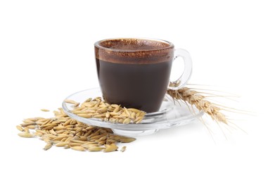 Photo of Cup of barley coffee, grains and spike isolated on white