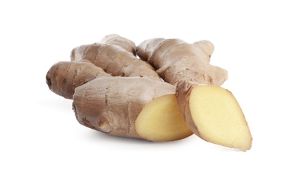 Cut fresh ginger root isolated on white