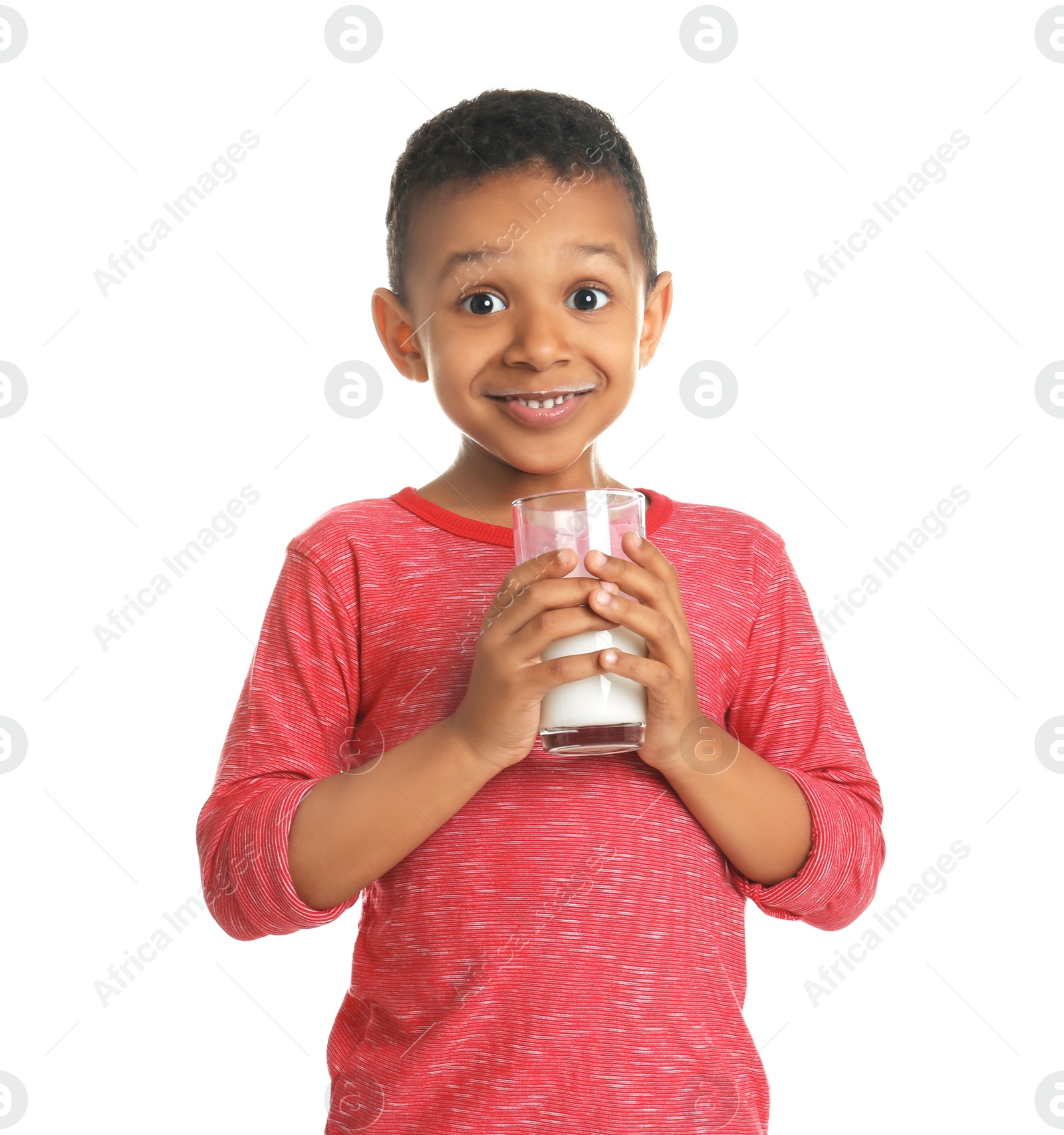 Photo of Adorable African-American boy with glass of milk on white background