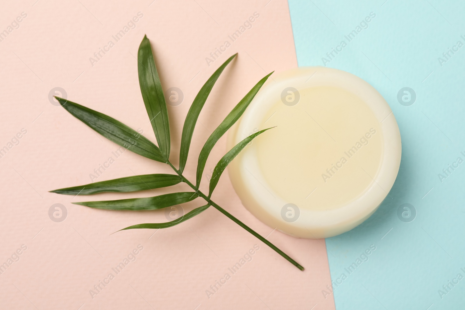 Photo of Solid shampoo bar and green leaf on color background, top view. Hair care