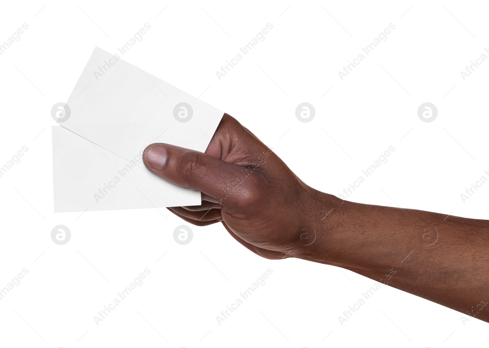 Photo of African American man holding paper cards on white background, closeup. Mockup for design