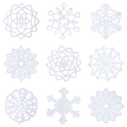 Image of Set of beautiful paper snowflakes on white background