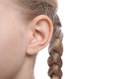 Photo of Cute little girl on white background, closeup of ear