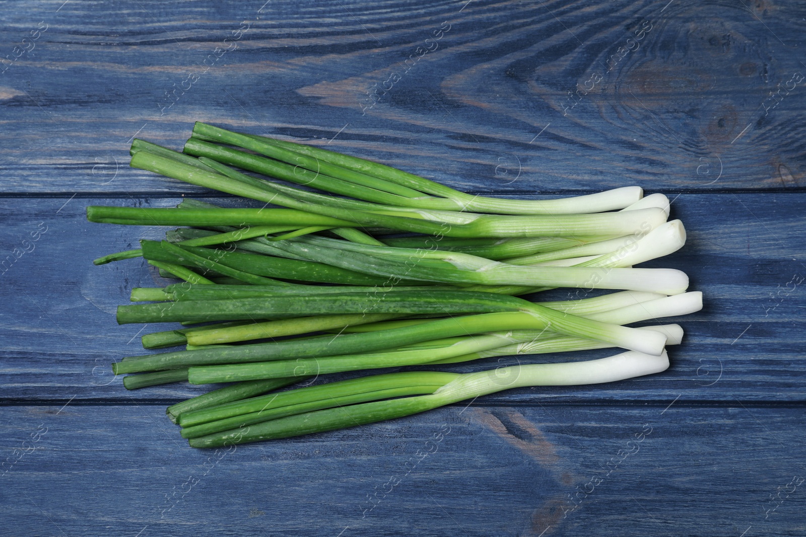 Photo of Fresh green onions on blue wooden background, top view