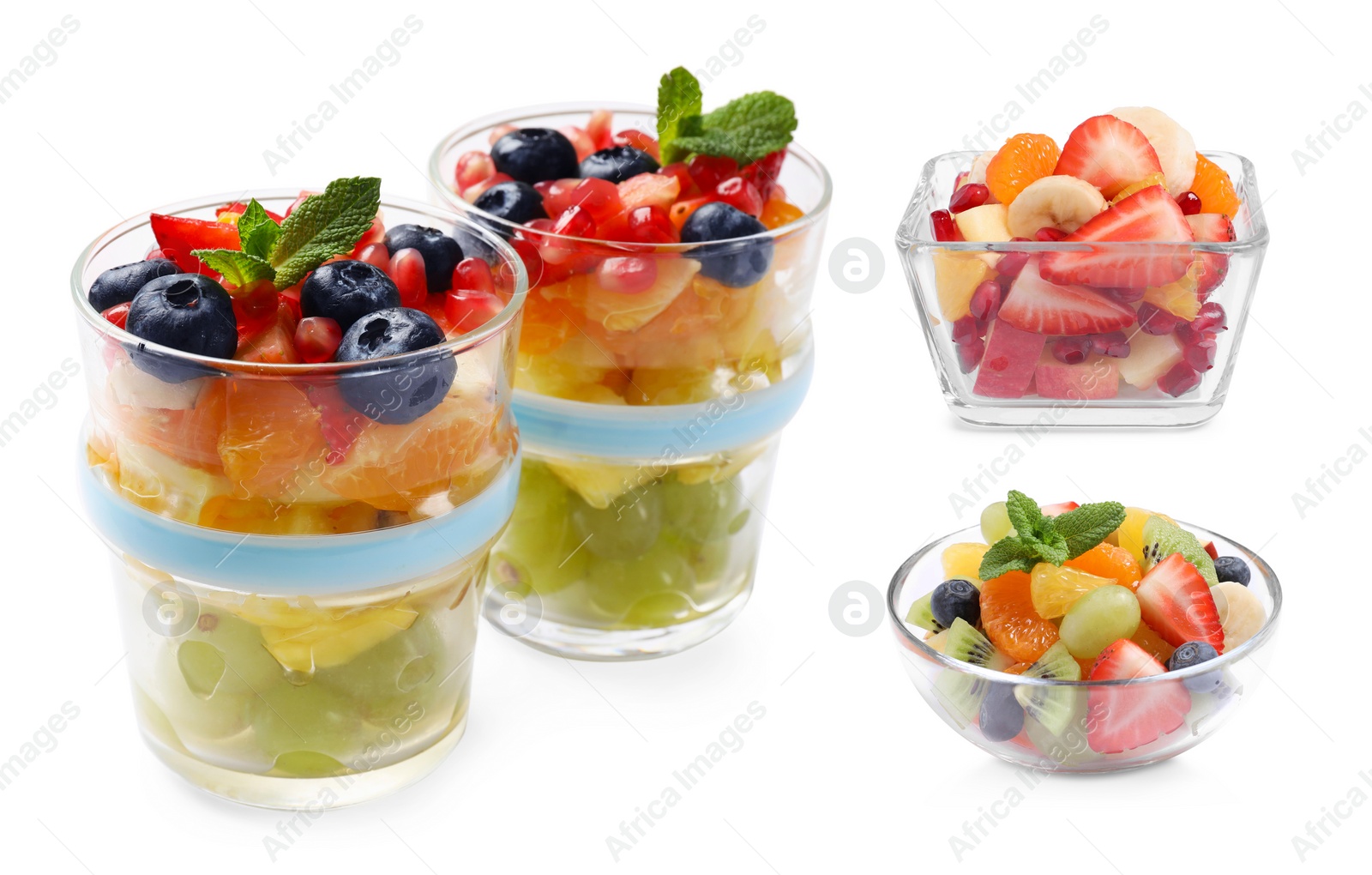 Image of Delicious fruit salads isolated on white, set