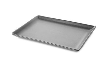 Photo of New grey serving platter isolated on white