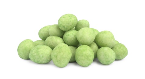 Photo of Pile of wasabi coated peanuts on white background