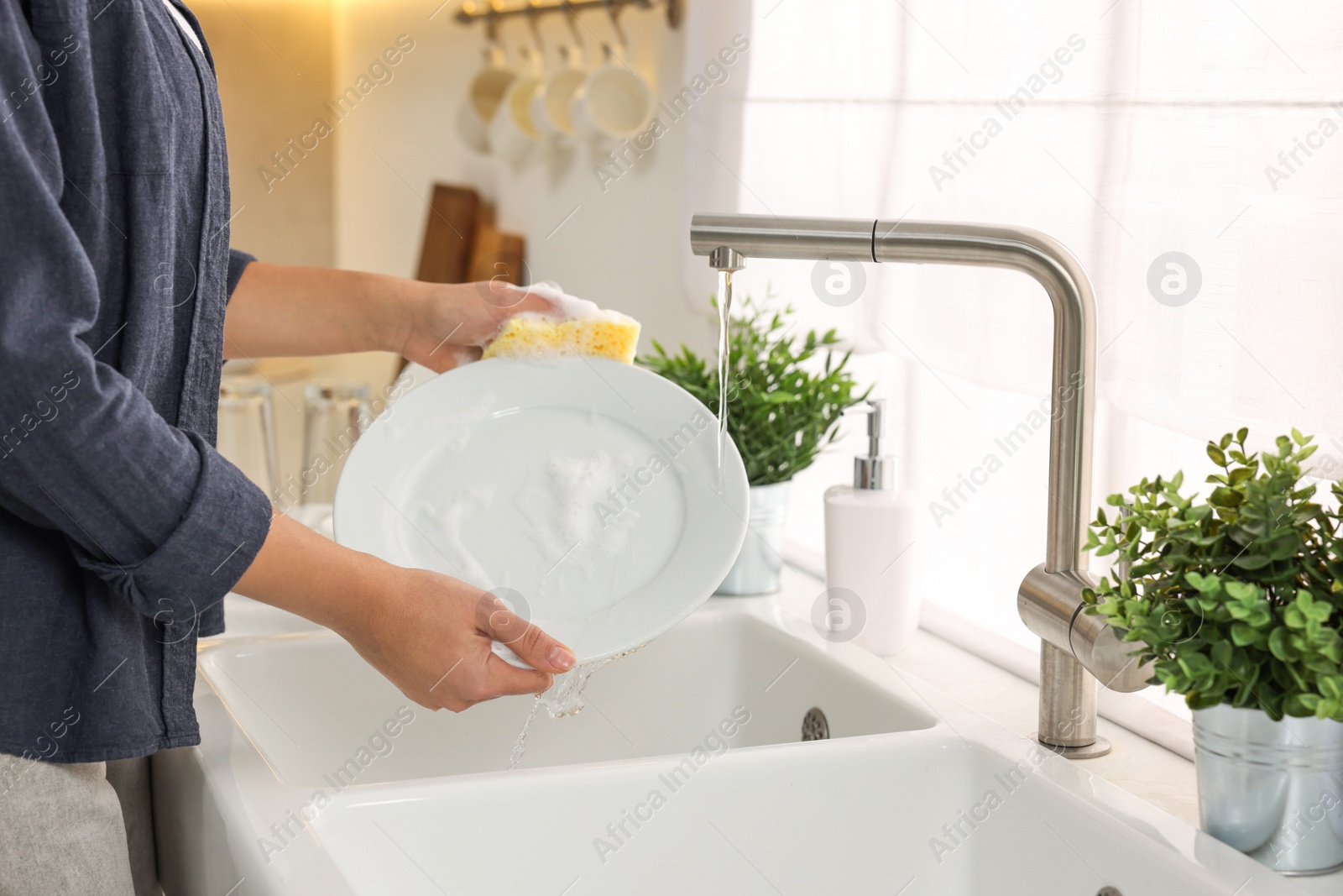 Photo of Woman washing plate at sink in kitchen, closeup