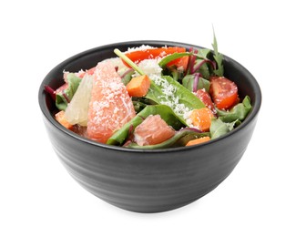 Photo of Delicious salad with pomelo, shrimps and tomatoes in bowl on white background