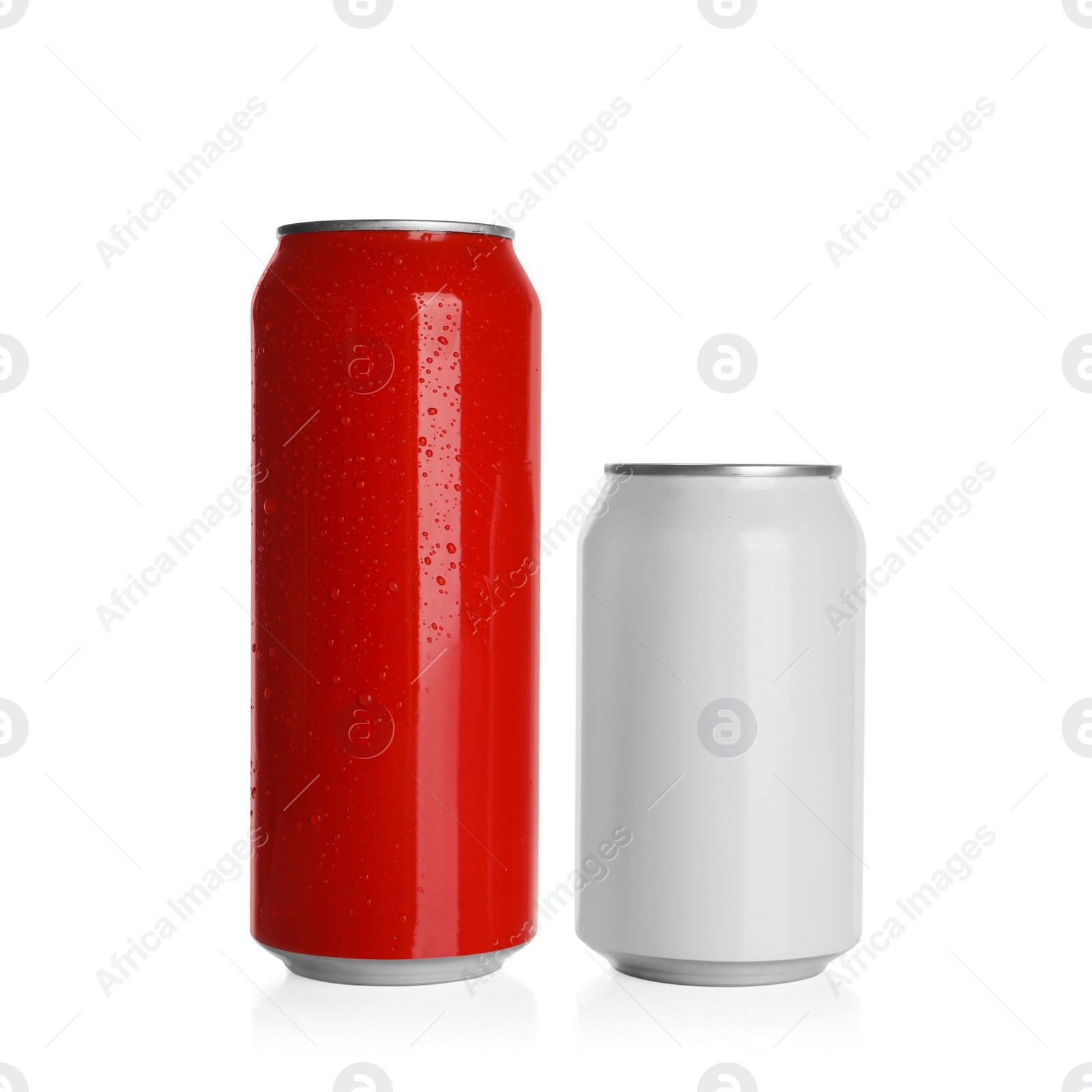 Photo of Aluminum cans with drinks on white background