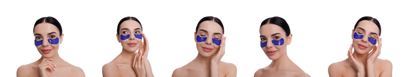 Image of Collage of beautiful woman with cosmetic under eye patches on white background. Banner design