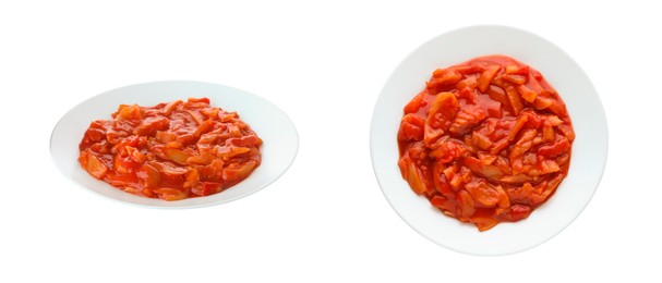 Image of Collage of lecho in dishware on white background, top and side views