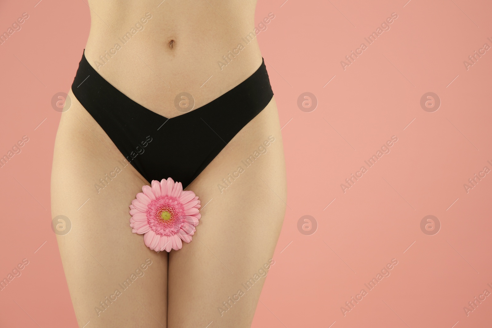 Photo of Gynecology. Woman in underwear with gerbera flower on pink background, closeup. Space for text