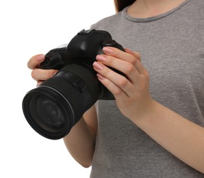 Photographer with camera on white background, closeup