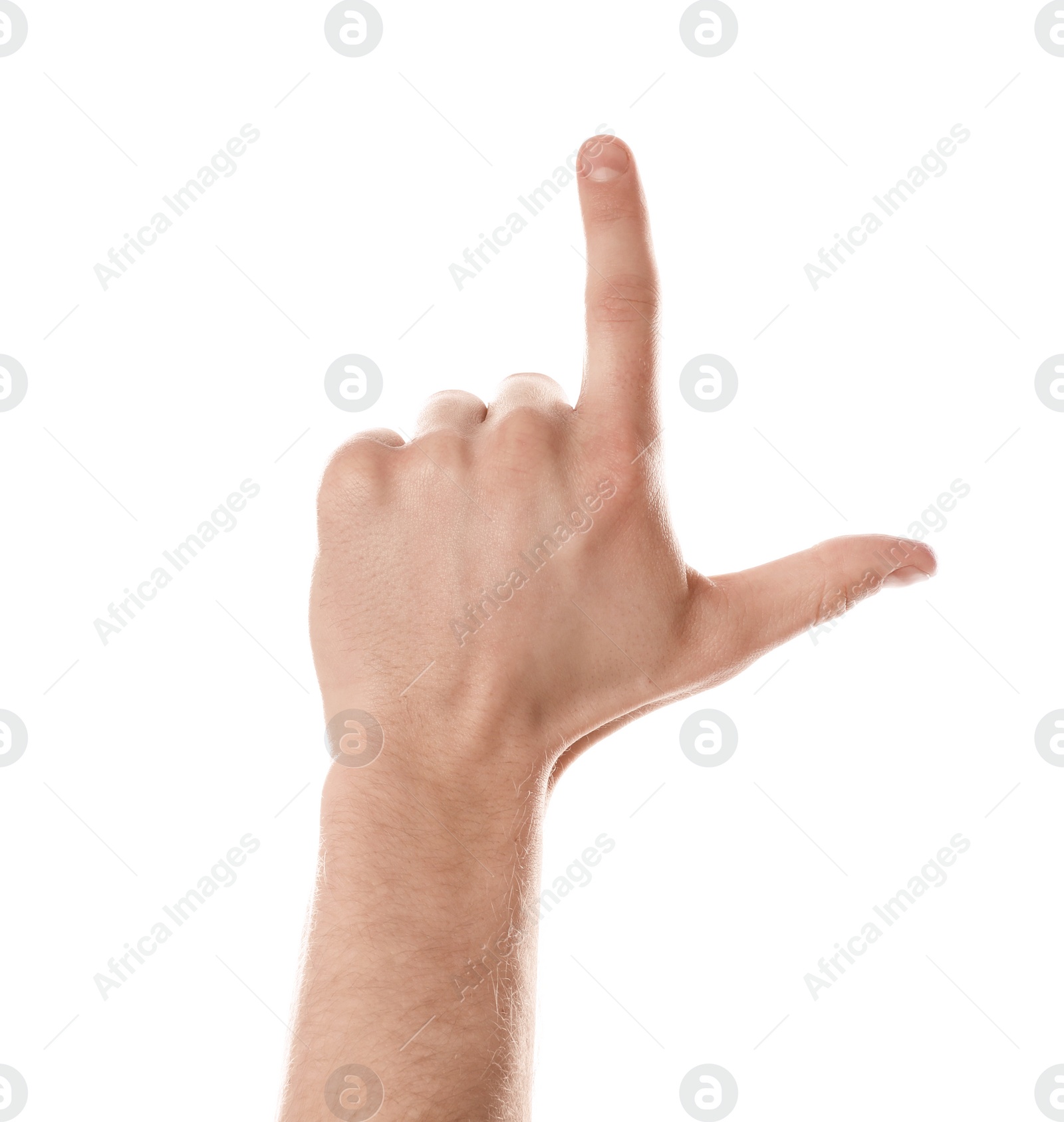 Photo of Man pointing at something on white background, closeup of hand