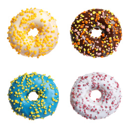 Set with delicious glazed donuts on white background