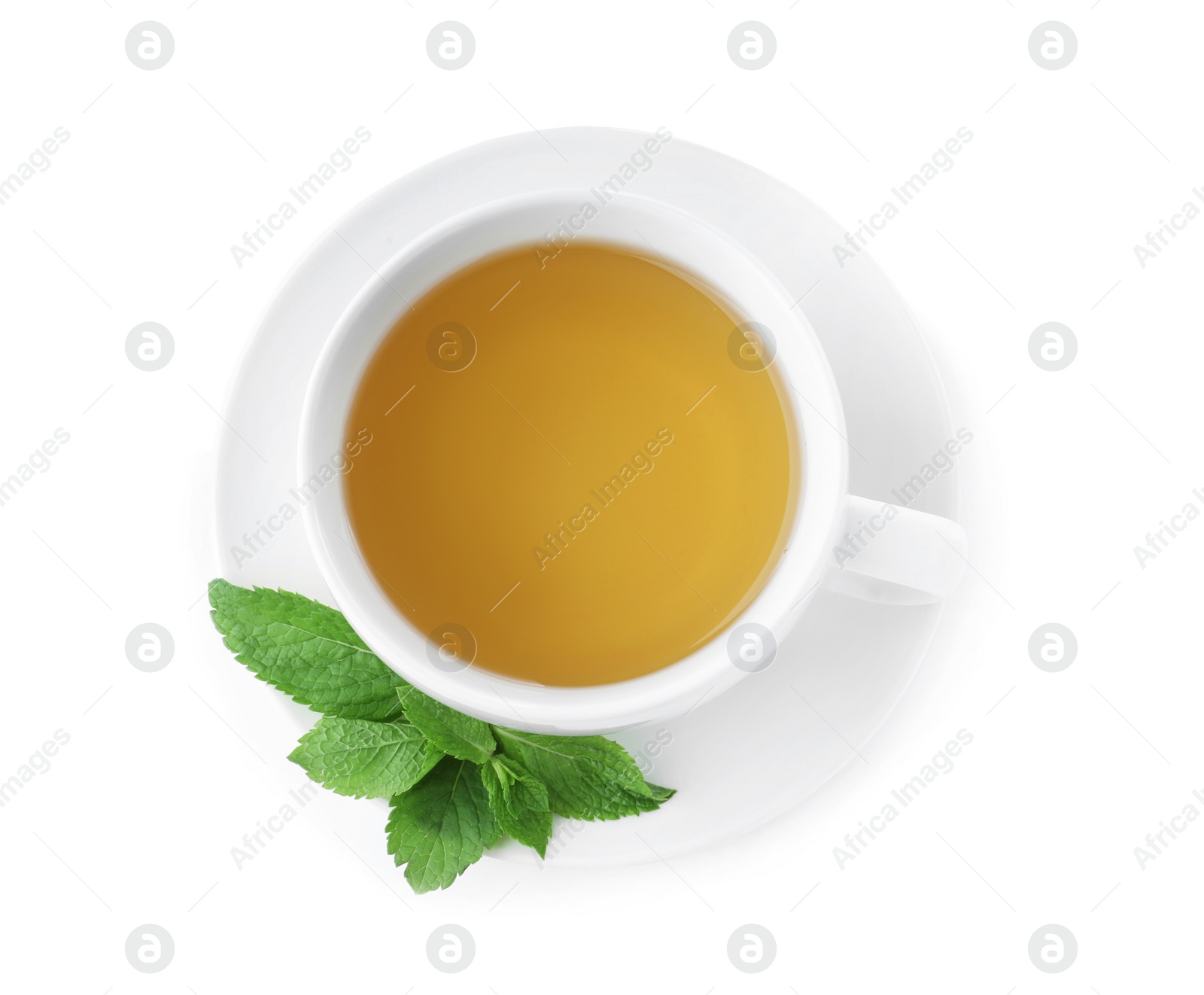 Photo of Cup with hot aromatic mint tea isolated on white, top view