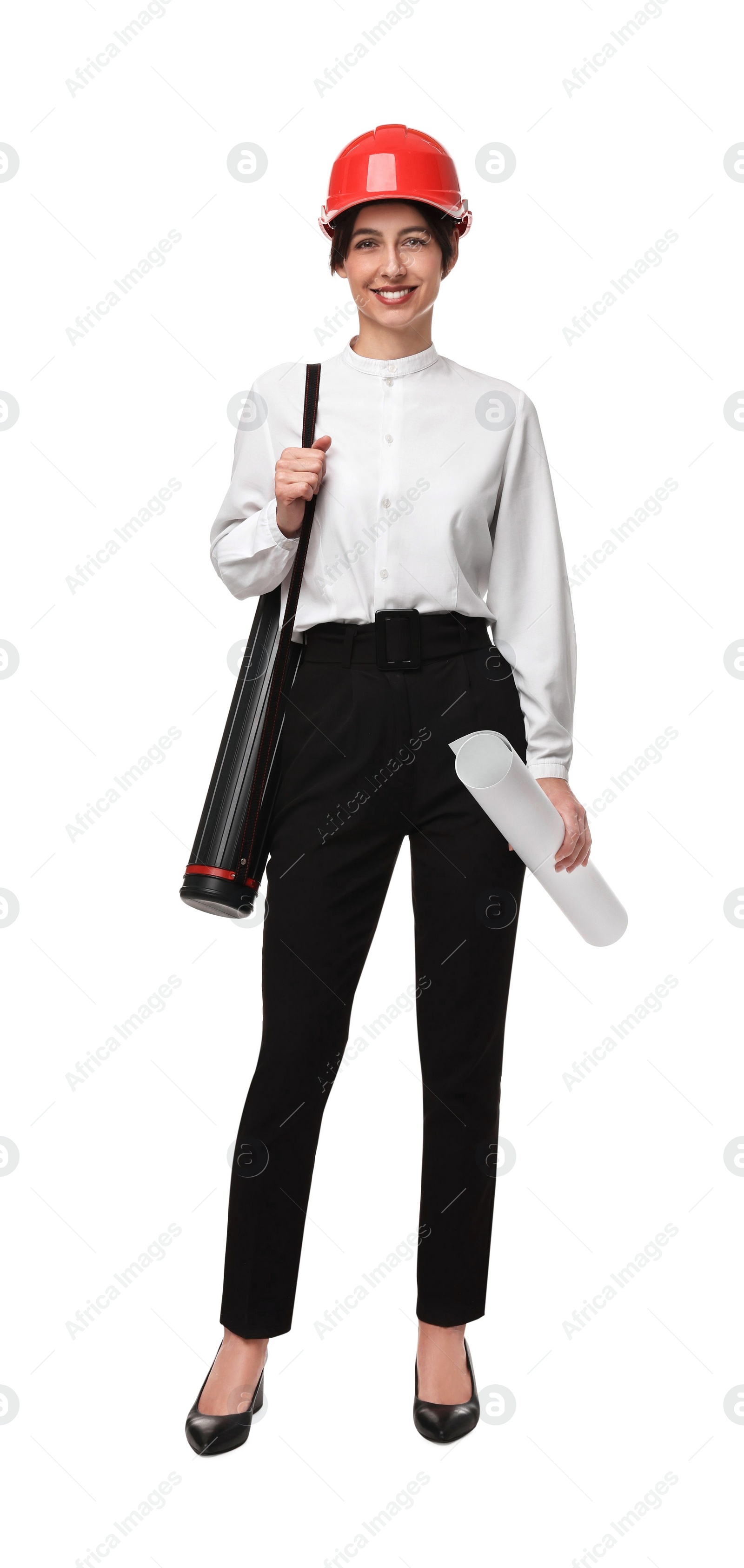 Photo of Architect with hard hat, tube and draft on white background