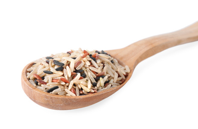 Photo of Mix of different brown rice in wooden spoon isolated on white