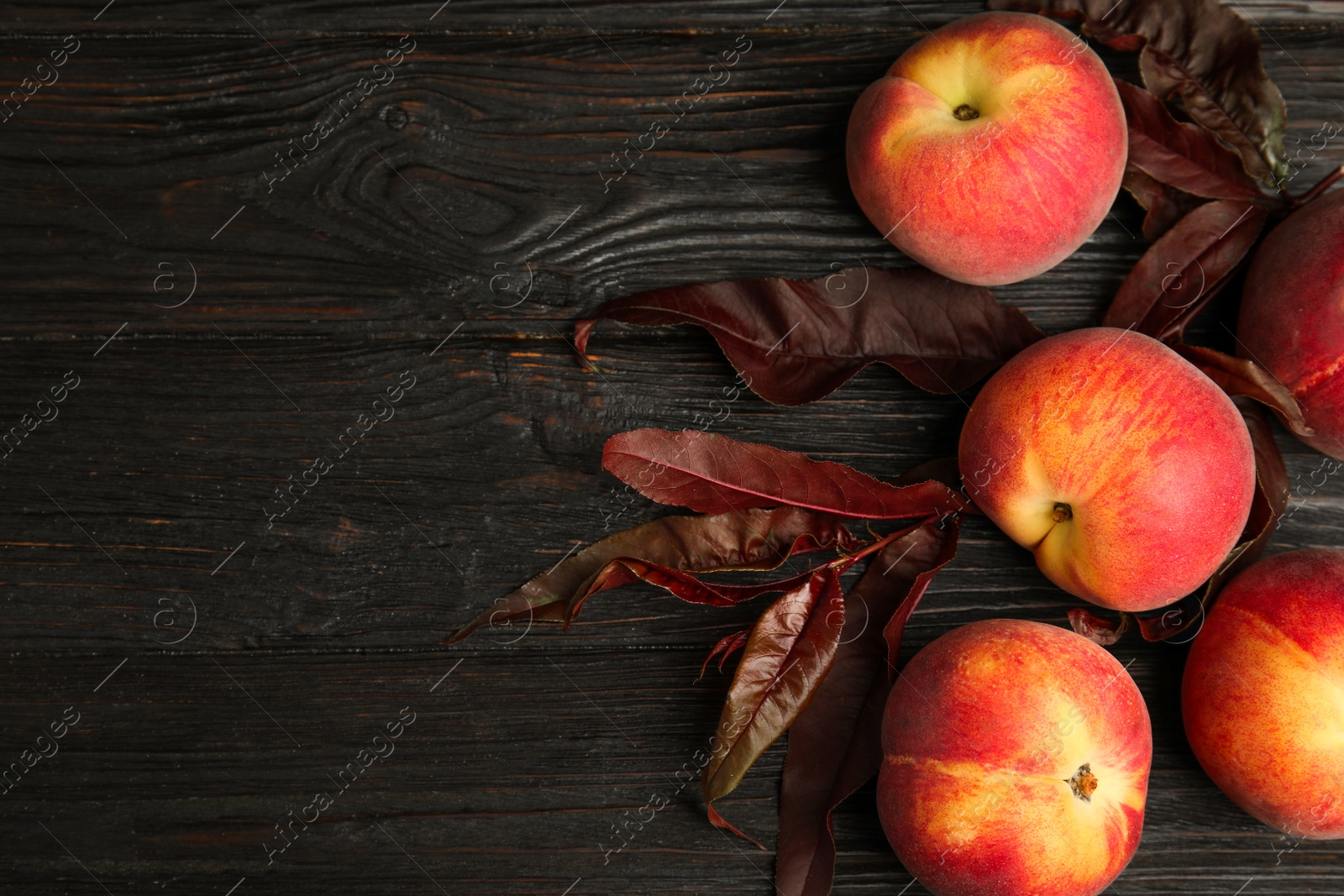 Photo of Fresh peaches and leaves on black wooden table, flat lay. Space for text