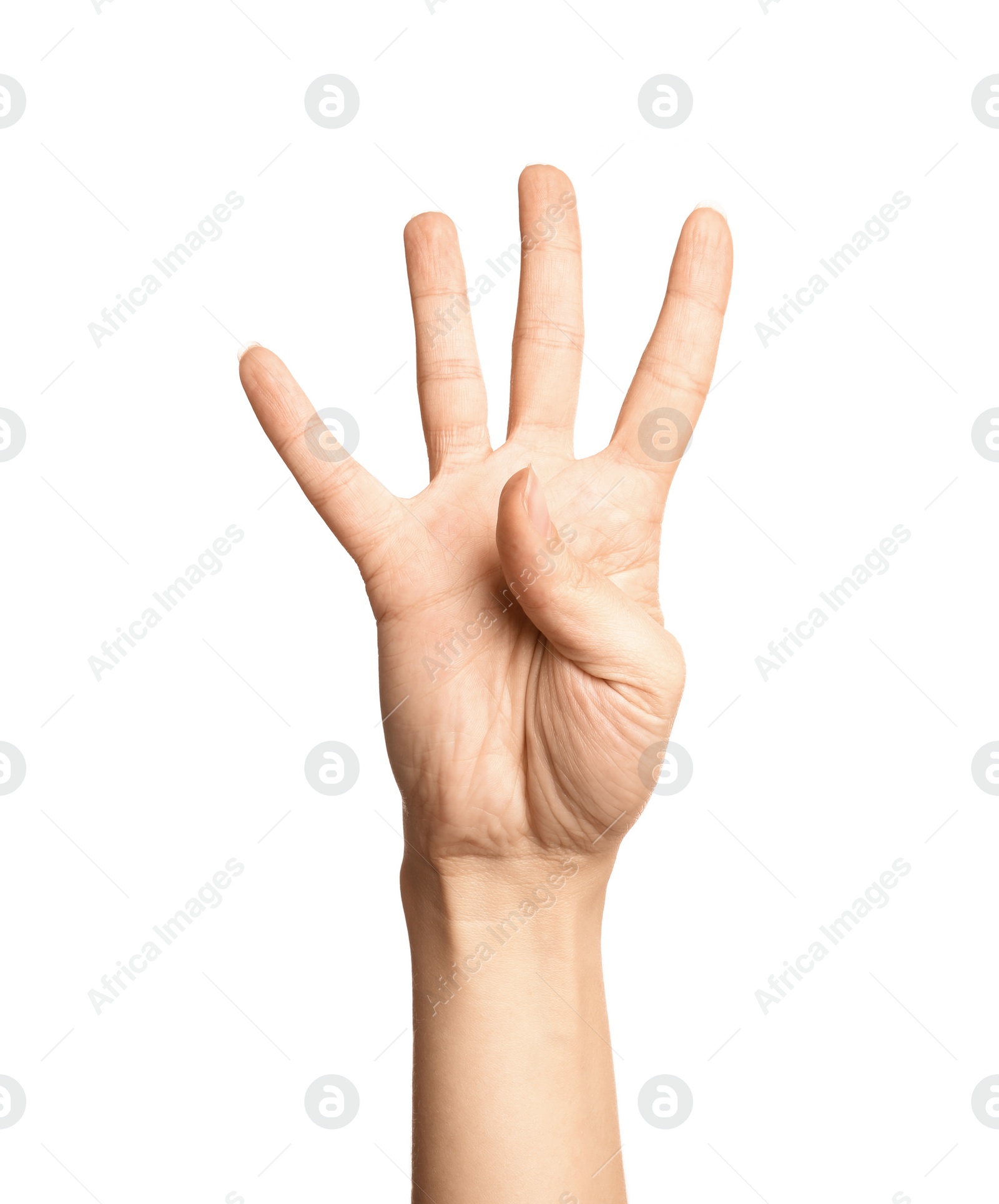 Photo of Woman showing number four on white background, closeup. Sign language