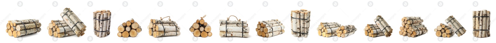 Image of Set of cut firewood bunches on white background. Banner design