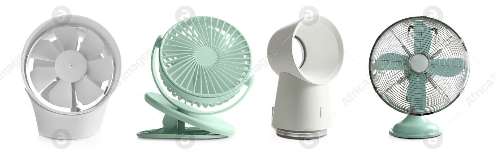 Image of Set of different fans on white background, banner design