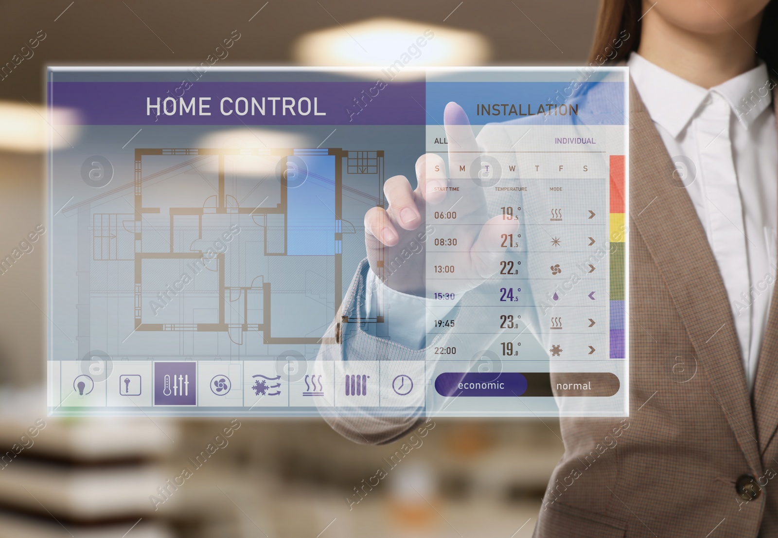 Image of Woman using touchscreen panel to set indoor temperature, closeup. Smart home automation system