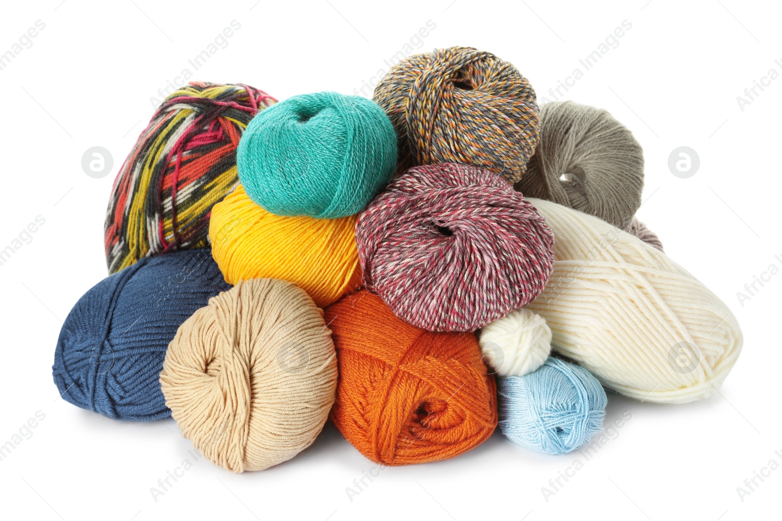 Photo of Different balls of woolen knitting yarns on white background