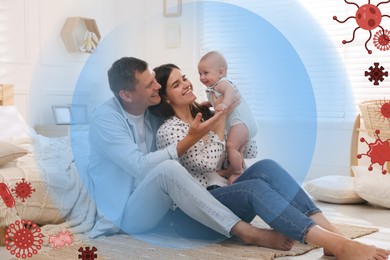 Image of Happy family with strong immunity at home. Bubble around them blocking viruses, illustration