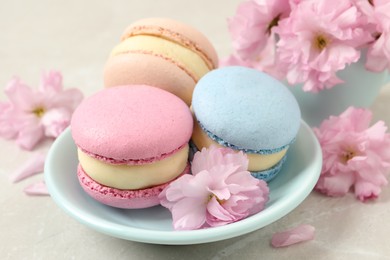 Delicious colorful macarons and pink flowers on light grey table, closeup