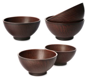 Image of Set with stylish clay bowls on white background