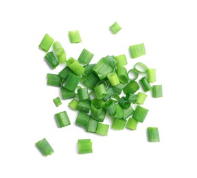 Pile of fresh green onion on white background, top view