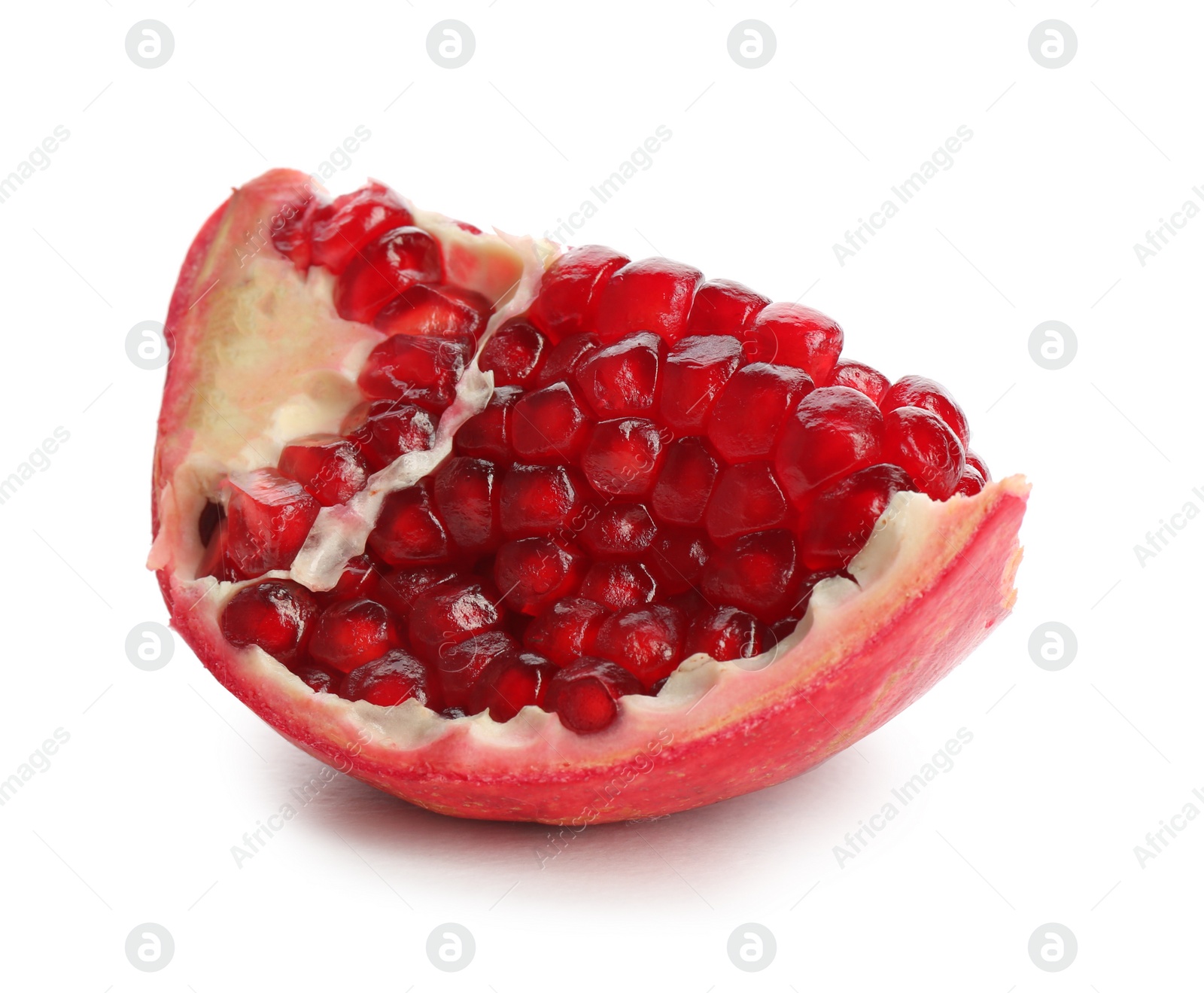 Photo of Ripe pomegranate on white background. Delicious fruit