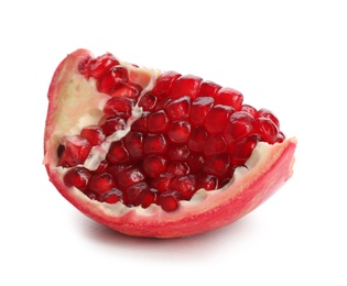 Photo of Ripe pomegranate on white background. Delicious fruit