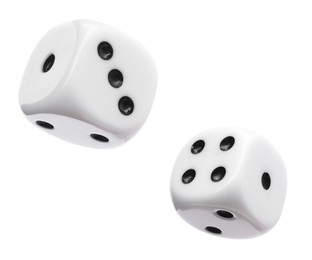 Two dice in air on white background