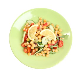 Photo of Plate with delicious fresh chickpea salad isolated on white, top view