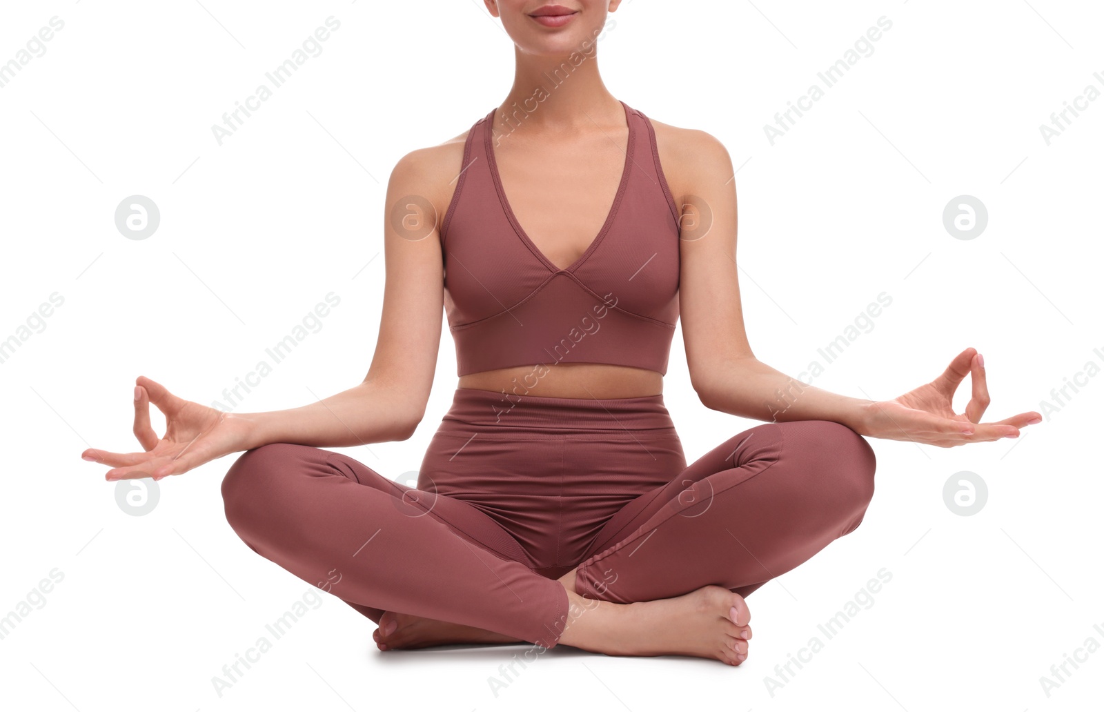 Photo of Woman practicing yoga on white background, closeup. Lotus pose